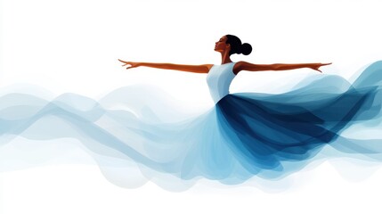 An ethereal illustration of a ballet dancer gliding gracefully, with a flowing dress accentuated by shades of white to deep blue, capturing elegance and poise in motion.