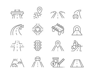 Roads and Highways Icon collection containing 16 editable stroke icons. Perfect for logos, stats and infographics. Edit the thickness of the line in Adobe Illustrator (or any vector capable app).