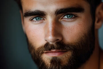 Obraz premium Close-up portrait of handsome bearded man looking directly at the camera on dark background