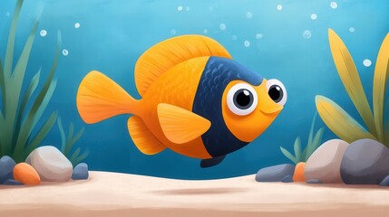 A bright blue and orange cartoon fish with big eyes swims through an underwater scene with green...