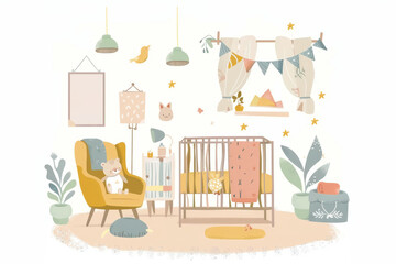 Fototapeta premium A whimsical illustration of a nursery with a bear in an armchair. Children's Book Illustration