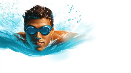 Naklejka premium A professional competitive swimmer dynamically moves through the water, wearing blue goggles, capturing strength, speed, and dedication in this high-energy aquatic scene.