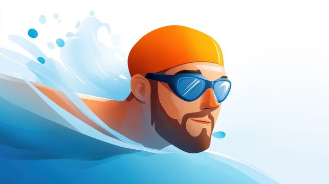 An active swimmer wearing an orange cap and goggles cuts through the water with precision and strength. The splash and waves capture the essence of power and fluid movement.