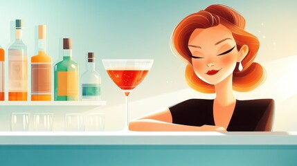 A stylish woman with red hair sits at a bar counter, enjoying a cocktail surrounded by various bottles, depicting a scene of socializing and relaxation.