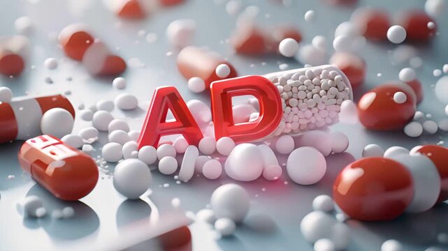 word AD floating in the center , behind red-white pills floating with small white balls around, white background