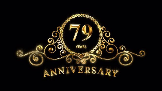 79th Anniversary Celebration. Happy 79 Years Anniversary Animation in Gold Color on the Transparent Background, Alpha Channel. Great for greetings, celebrations, events, and gifts.