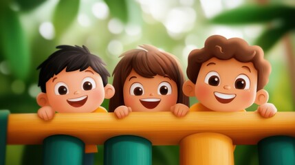 Three kids are having an enjoyable time at the playground, interacting with each other on a colorful and vibrant piece of playground equipment, surrounded by lush green nature.