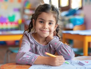 Young girl enjoys drawing in a colorful classroom during a creative activity