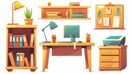 Home office furniture and equipment. Cartoon vector set of wooden desk and lamp, shelf with books, stack of paper documents and printer, board with pinned notes and flowers in pot for remote work