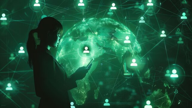 Woman with Smartphone on Digital Network