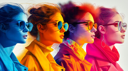 Fototapeta premium Five fashion models are posing side by side, their faces painted in different colors, wearing stylish sunglasses and winter clothes