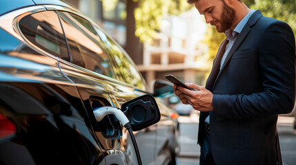 Geschäftsmann lädt sein Elektroauto auf und nutzt sein Smartphone, urbanes Leben, nachhaltige Mobilität, moderne Technologie, umweltfreundlicher Verkehr