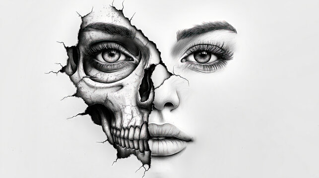 Dramatic black and white illustration of a woman face with half her face a realistic skull revealing the concept of death and that beauty fades