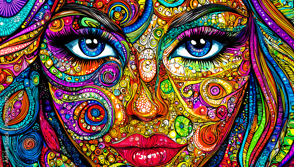 Poster abstract woman portrait with colorful shapes and swirls creating a psychedelic and mesmerizing effec