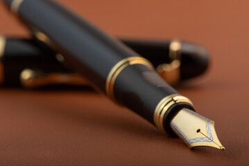 Fountain pen, beautiful fountain pen positioned on leather surface, selective focus.