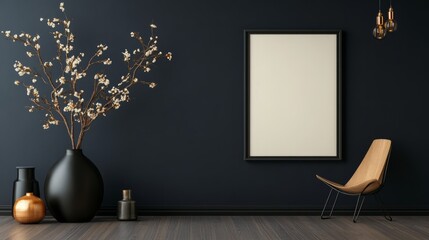 A mockup of a vertical blank frame on the wall of a contemporary living room. Background of a home's interior.