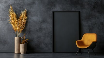 A mockup of a vertical blank frame on the wall of a contemporary living room. Background of a home's interior.
