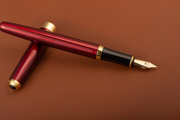 Fountain pen, beautiful fountain pen positioned on leather surface, selective focus.