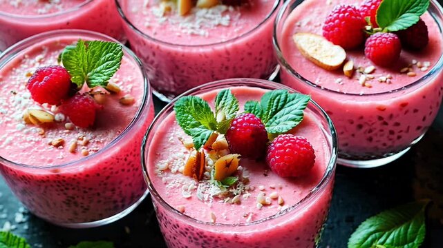 A row of pink smoothies with raspberries and coconut on top. The smoothies are in tall glasses and are arranged in a neat row