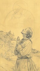 Fototapeta premium The painting of St. Roch Praying in 14th-Century French Village, Biblical Illustration, Beige Background, Copyspace