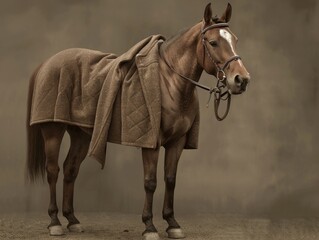 Obraz premium A horse wearing a stylish coat stands in a field during autumn, surrounded by trees with changing leaves