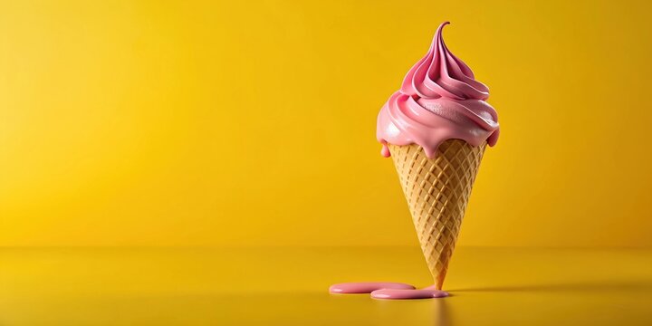 Waffle ice cream with a melting scoop of pink ice cream on a plain yellow background. Droplets of ice cream flow down deliciously. Copy space. The background is ideal for banners, summer promotions