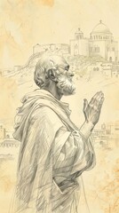 Fototapeta premium The painting of St. Dositheus of Gaza Praying in 6th-Century Monastery, Biblical Illustration, Beige Background, Copyspace