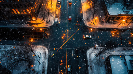 Birdâ€™s-eye view of a snowy street with rain creating puddles and reflections, with streetlights adding a warm glow to the scene.