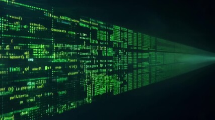A computer screen with a lot of green numbers and letters. The numbers and letters are all jumbled up and it looks like a code