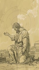 The painting of St. Lawrence of Rome in Martyrdom, Ancient Rome, Biblical Illustration, Beige Background, Copyspace