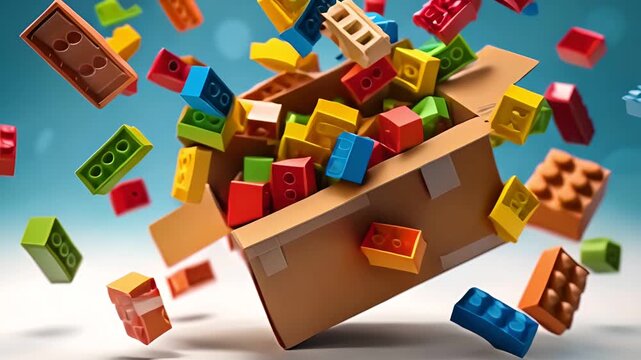 Colorful plastic building blocks exploding out of a cardboard box against a blue background.