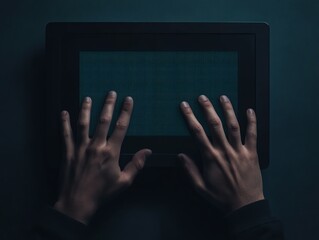 Closeup of hands hovering over a screen displaying a dark web identity theft forum, dark web, illegal activity