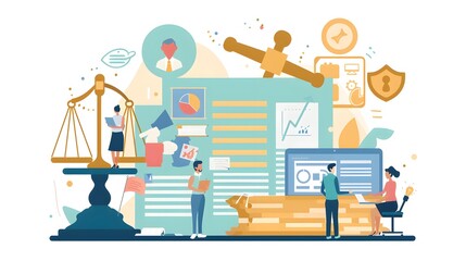 Naklejka premium Legal technology concept with people working on digital documents, justice scale, and law symbols