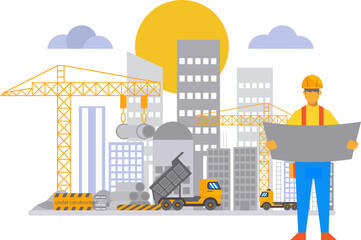 Obraz premium construction of building with cranes and worker