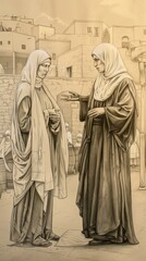Naklejka premium The painting of St. Anne Teaching Virgin Mary, 1st-Century Jewish Household, Biblical Illustration, Beige Background, Copyspace