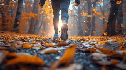Runner on Leaf-Covered Path in Autumn Forest with Golden Light