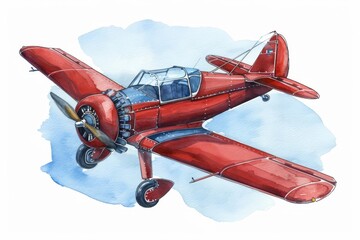 Watercolor illustration of a red single-engine airplane flying through the clouds. Children's Book Illustration
