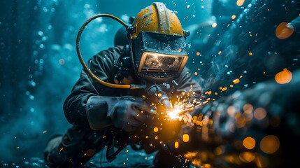 Underwater Diver Welding with Sparks and Bubbles in Deep Ocean