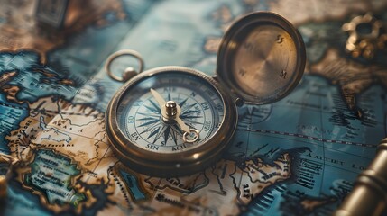Magnetic old compass on world map. Travel, geography, history, navigation, tourism and exploration concept background. Retro compass on geography map.