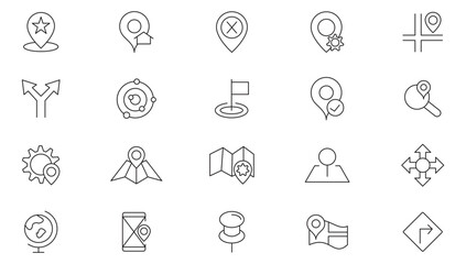 Location line icon collection. Navigation, travel, traffic, point, gps, compuss and distance icon set. UI outline icons pack