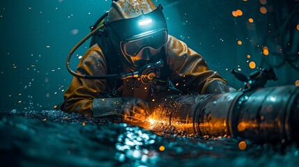 Diver Performing Underwater Welding with Sparks and Reflections in Deep Sea