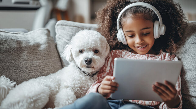 Little girl in headphones holding tablet and her dog sitting near. 