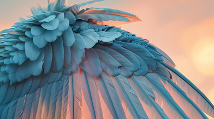 Obraz premium Close-up of a Pegasus's wings folding, each feather showing layers and complexity, against a twilight sky