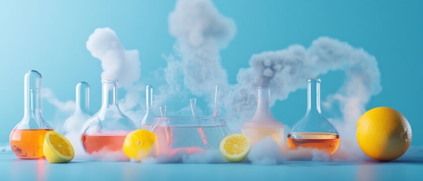 Artistic interpretation of the chemical reactions occurring in everyday household items in a sleek modern setting