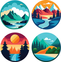 Fototapeta premium Stylized outdoor landscapes, circular backgrounds, trees, mountains, vector, cartoon
