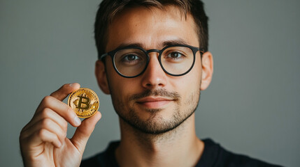 Person in glasses holding bitcoin. 