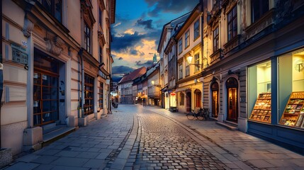 Naklejka premium Old Ljubljana cityscape cobbled Ciril-Metodov street evening view. Ljubljana capital of Slovenia.