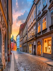 Fototapeta premium Old Ljubljana cityscape cobbled Ciril-Metodov street evening view. Ljubljana capital of Slovenia.