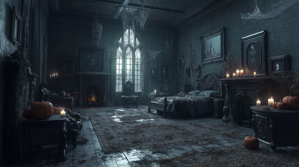Dark, eerie bedroom decorated for Halloween in an abandoned mansion with cobwebs, candles, and pumpkins during twilight