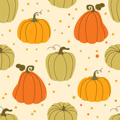 Autumn seamless pattern with mushrooms, autumn leaves, pumpkins and branches seamless pattern vector. Autumn themes, Halloween, Thanksgiving design elements, flat